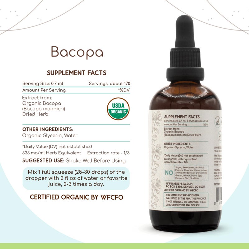 HerbEra Bacopa B120 USDA Organic Tincture | Alcohol-Free Extract, High-Potency Herbal Drops, Relaxation, Positive Cognitive Effect | Certified Organic Bacopa (Bacopa Monnieri) Dried Herb (4 fl oz) - Image 3